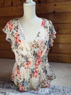 Floral Ruffle Sleeve V-Neck Peplum Top - White House Black Market